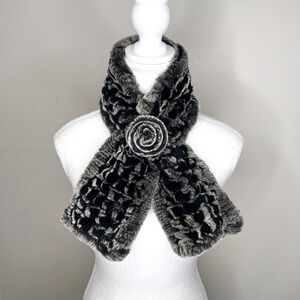 Vintage Pellacci Rabbit Fur Scarf Black Gray‎ Rose Accent Statement Neck Stole